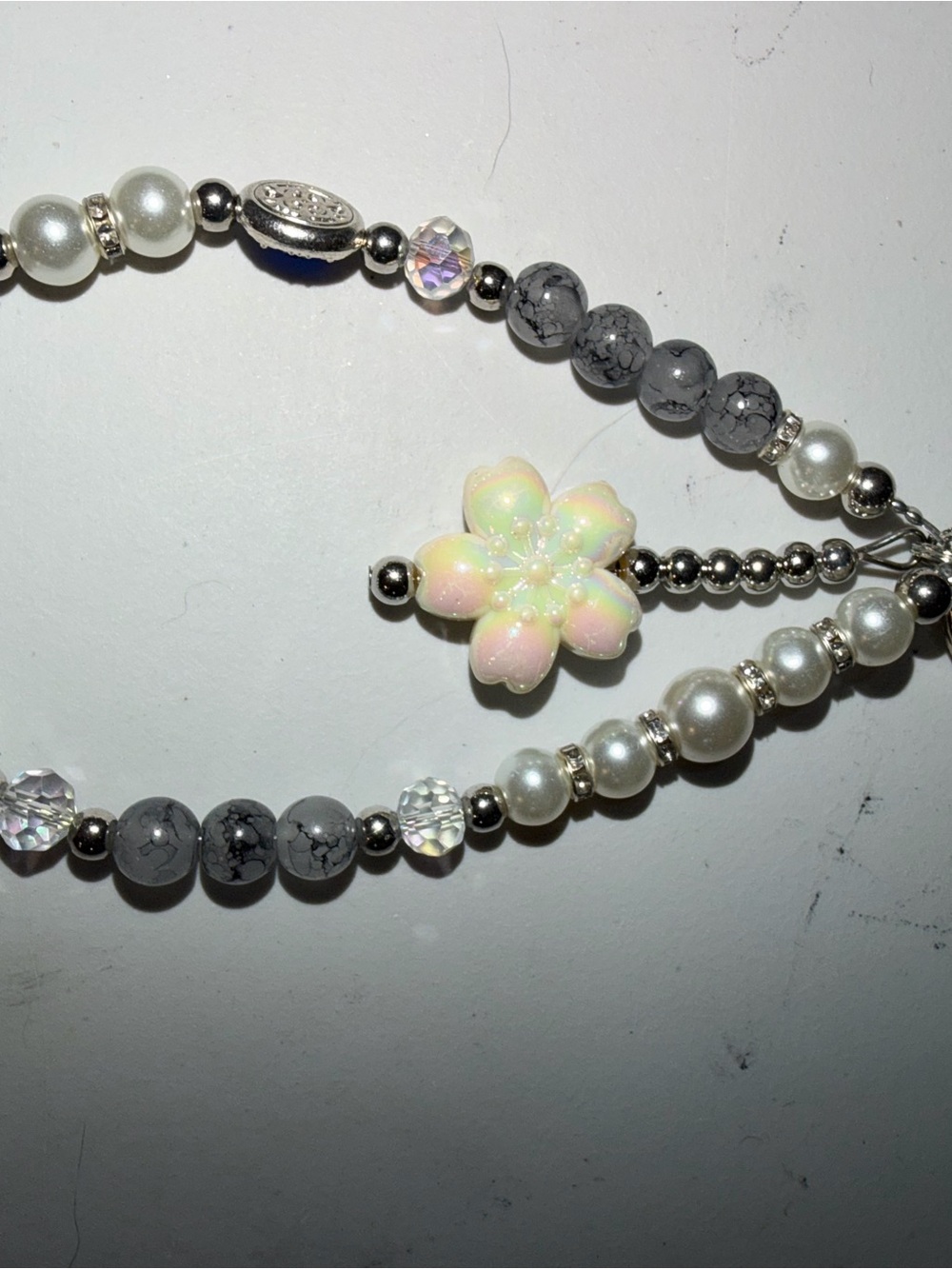 Handcrafted Iridescent Flower Pearl Beaded Keychain - White & Gray